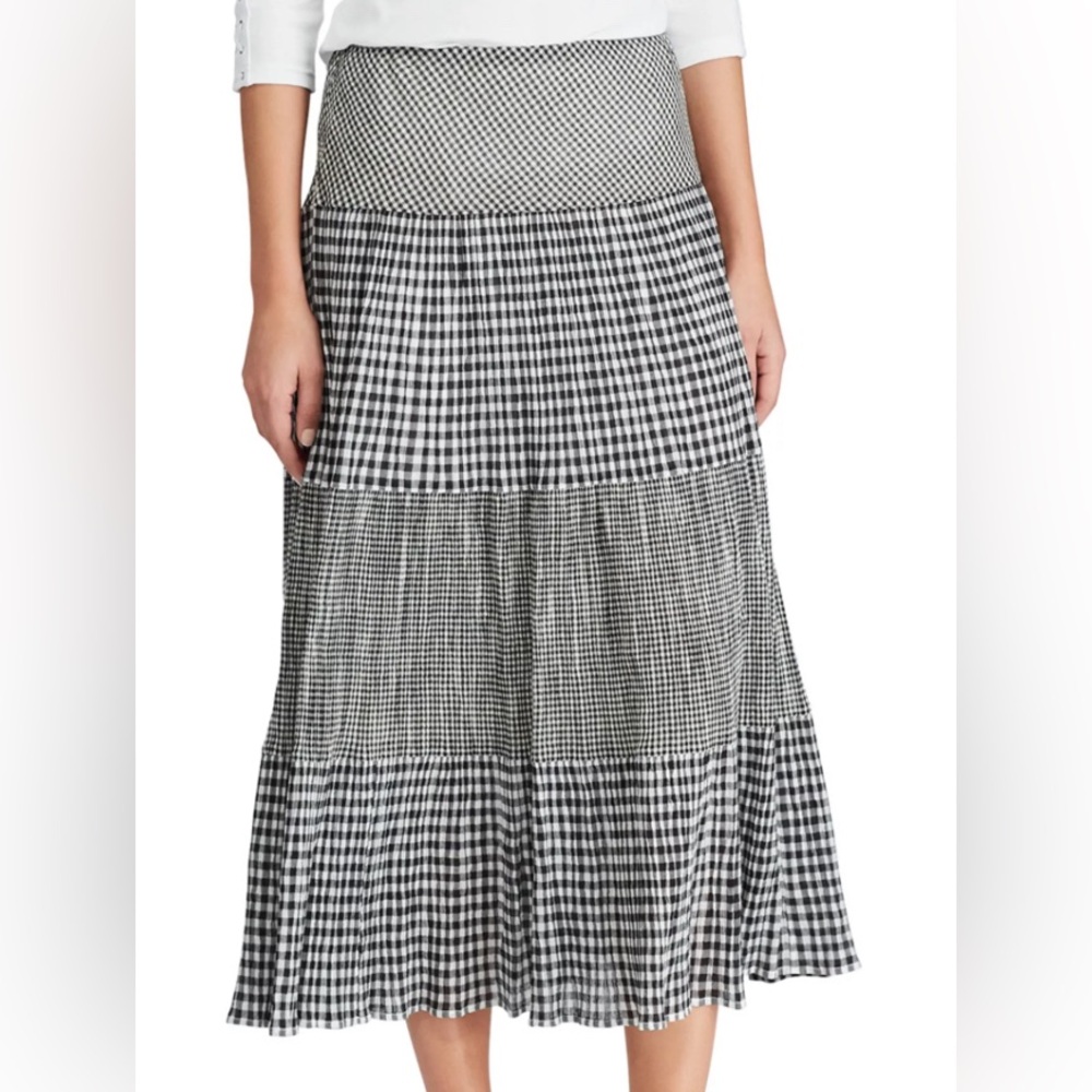 NWT Women's Chaps White Black Gingham Plaid Tiered A-Line Maxi Skirt, Size XL